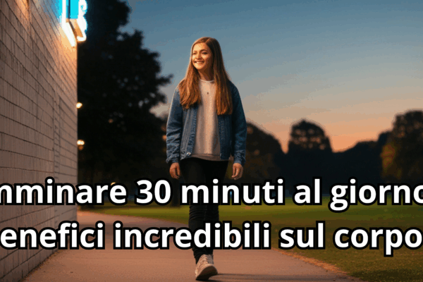 Una giovane donna sorridente cammina lungo un sentiero cittadino al tramonto, trasmettendo un senso di benessere e vitalità. L'immagine include il titolo dell'articolo: 'Camminare 30 minuti al giorno: i benefici incredibili sul corpo'